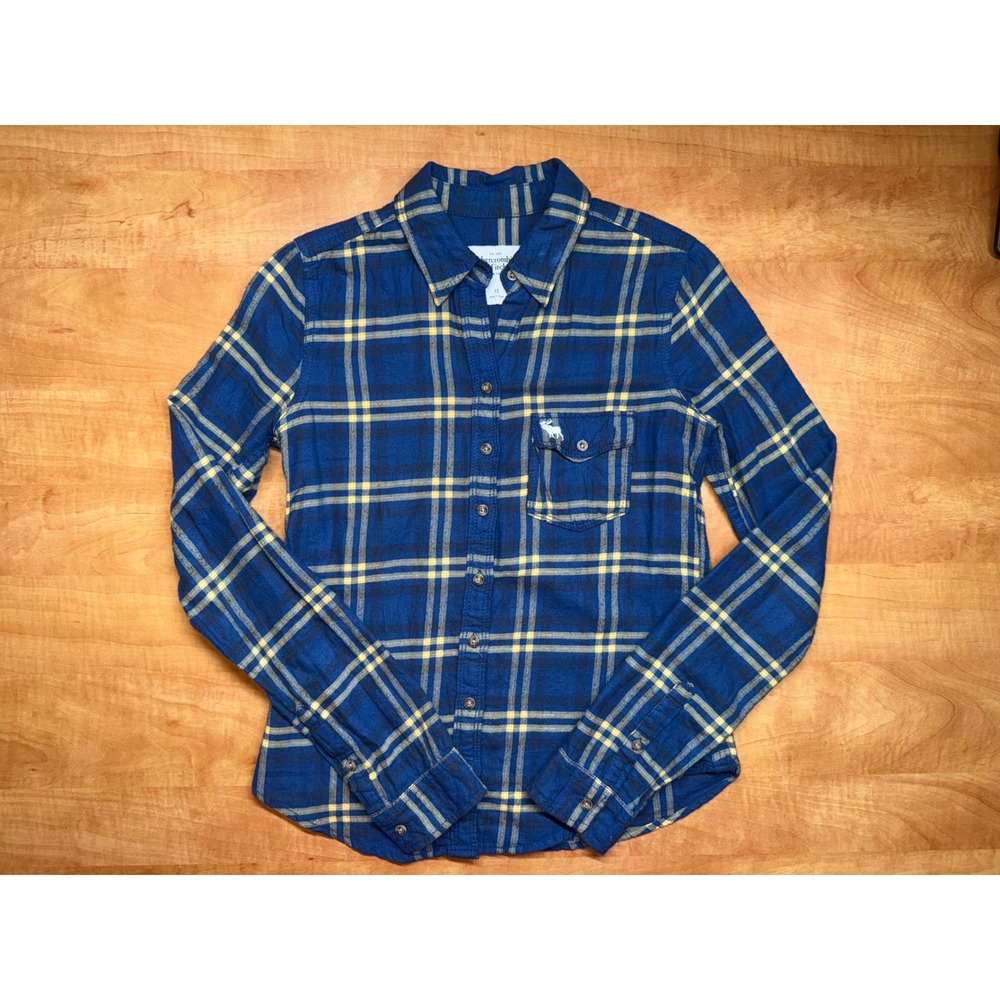 Abercrombie & Fitch Womens XS Blue Yellow Plaid Cotton Flannel Button Down Shirt